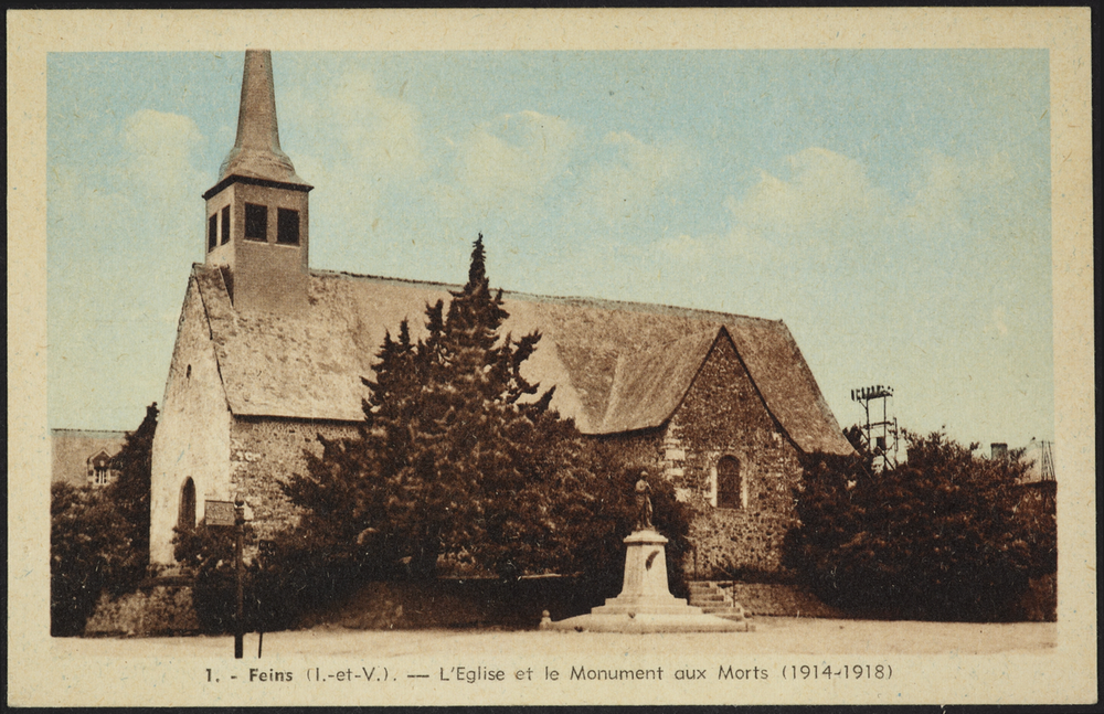 carte postale de l'église et du monument aux morts de Feins